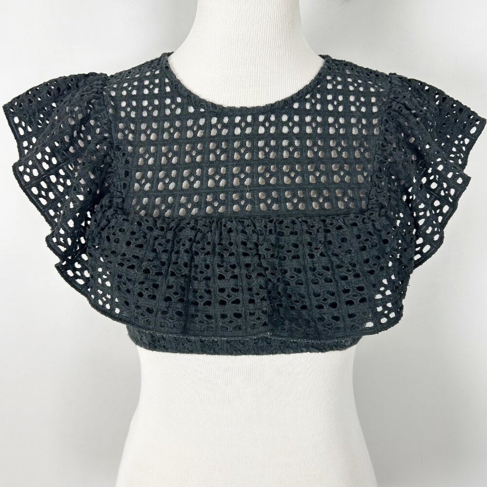 UO Black Open Knit Cropped‎ Tank Top Ruffle Boho Festival Size Small Women's